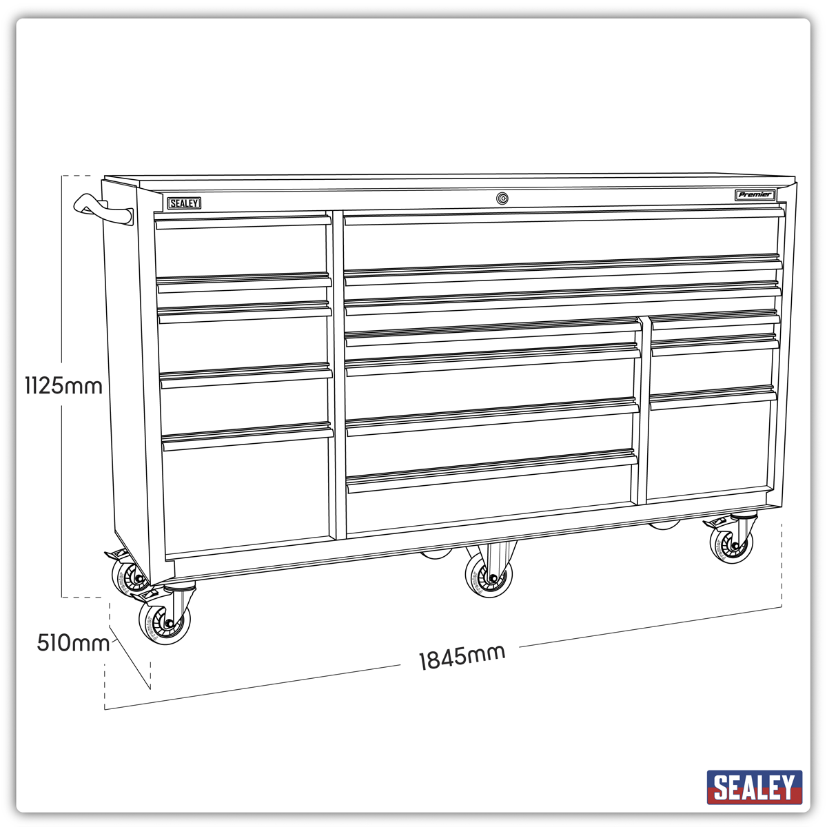 Premier™ Heavy-Duty Extra-Wide Rollcab 1845mm, 15 Drawer, Black (PTB183015)