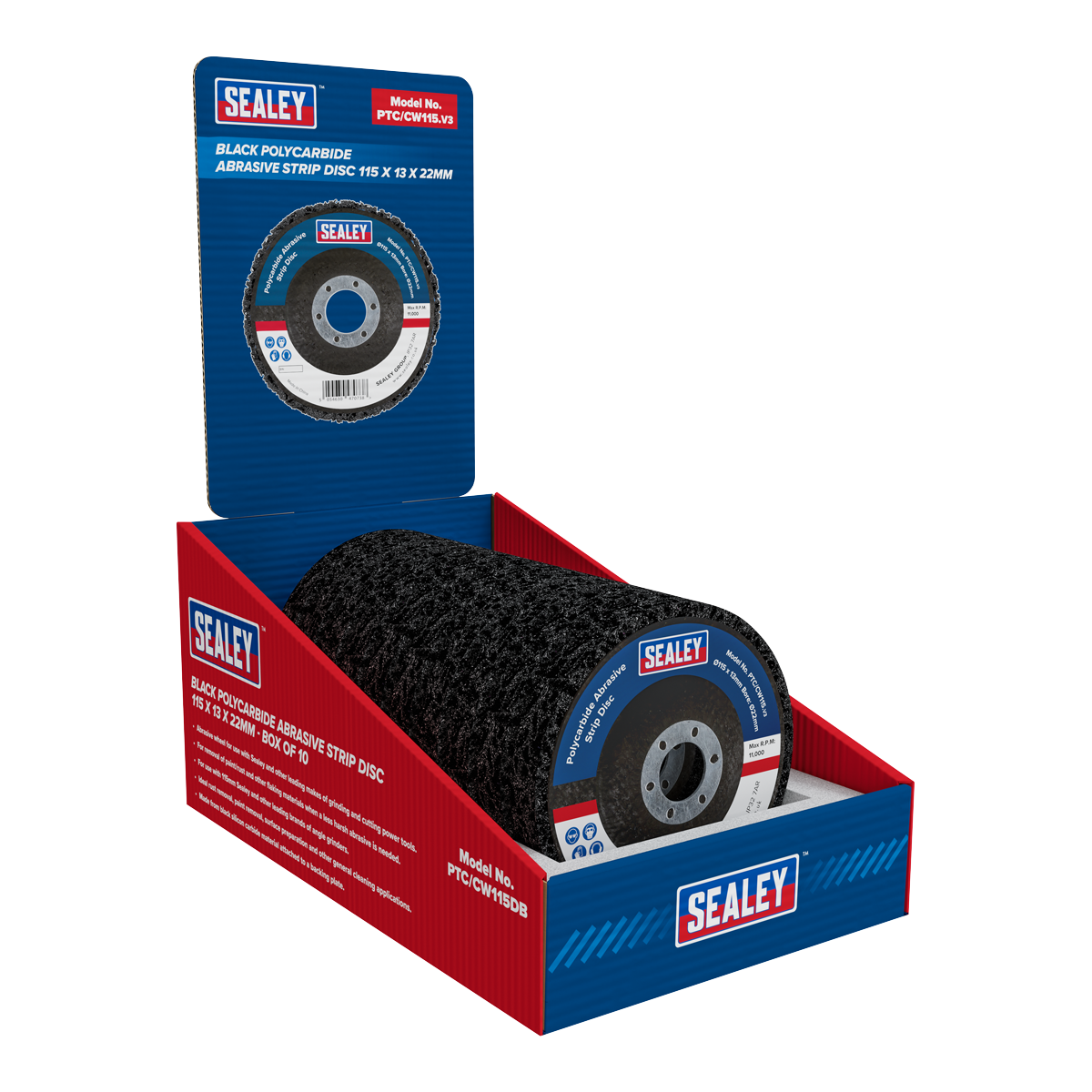 115 x 13mm Black Polycarbide Abrasive Strip Disc 22mm Bore - Display Box of 10