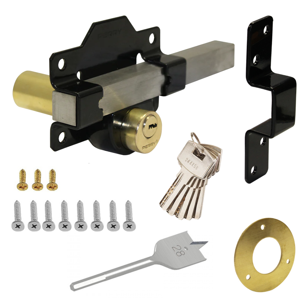 Perry 1127 Premium Long Throw Double Locking Rimlock Bolt Gate Shed Security Lock Black Stainless Steel