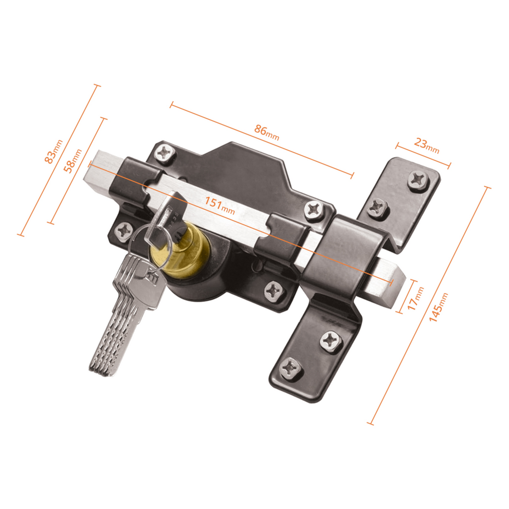 Perry 1127 Premium Long Throw Double Locking Rimlock Bolt Gate Shed Security Lock Black Stainless Steel
