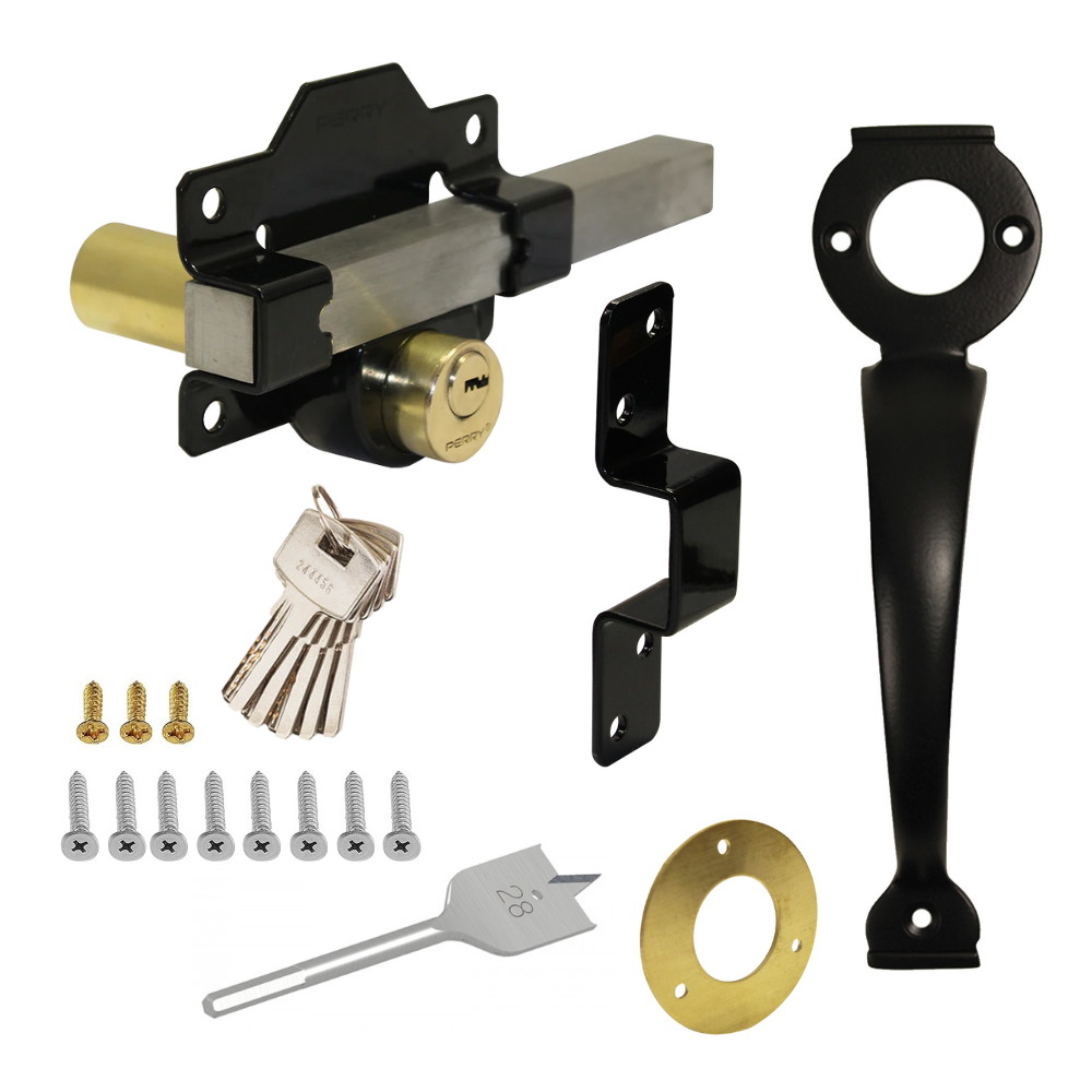 Perry 1127 Premium Long Throw Double Locking Rimlock Bolt Gate Shed Security Lock with Pull Handle Black Stainless Steel