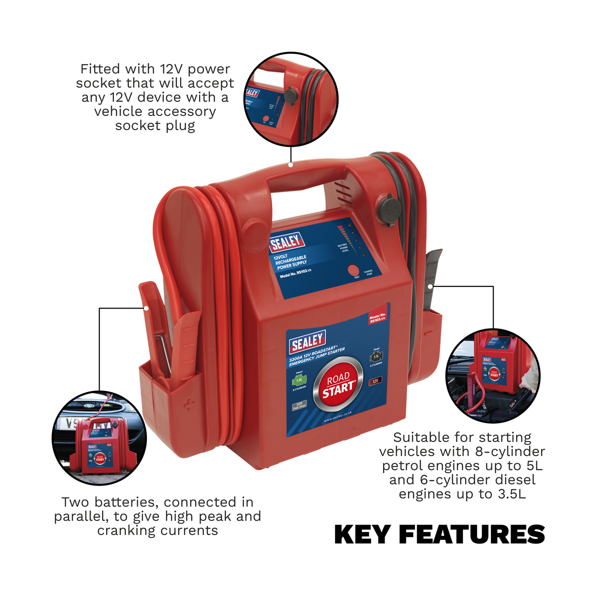 RoadStart® 12V Emergency Jump Starter 3200 Peak Amps