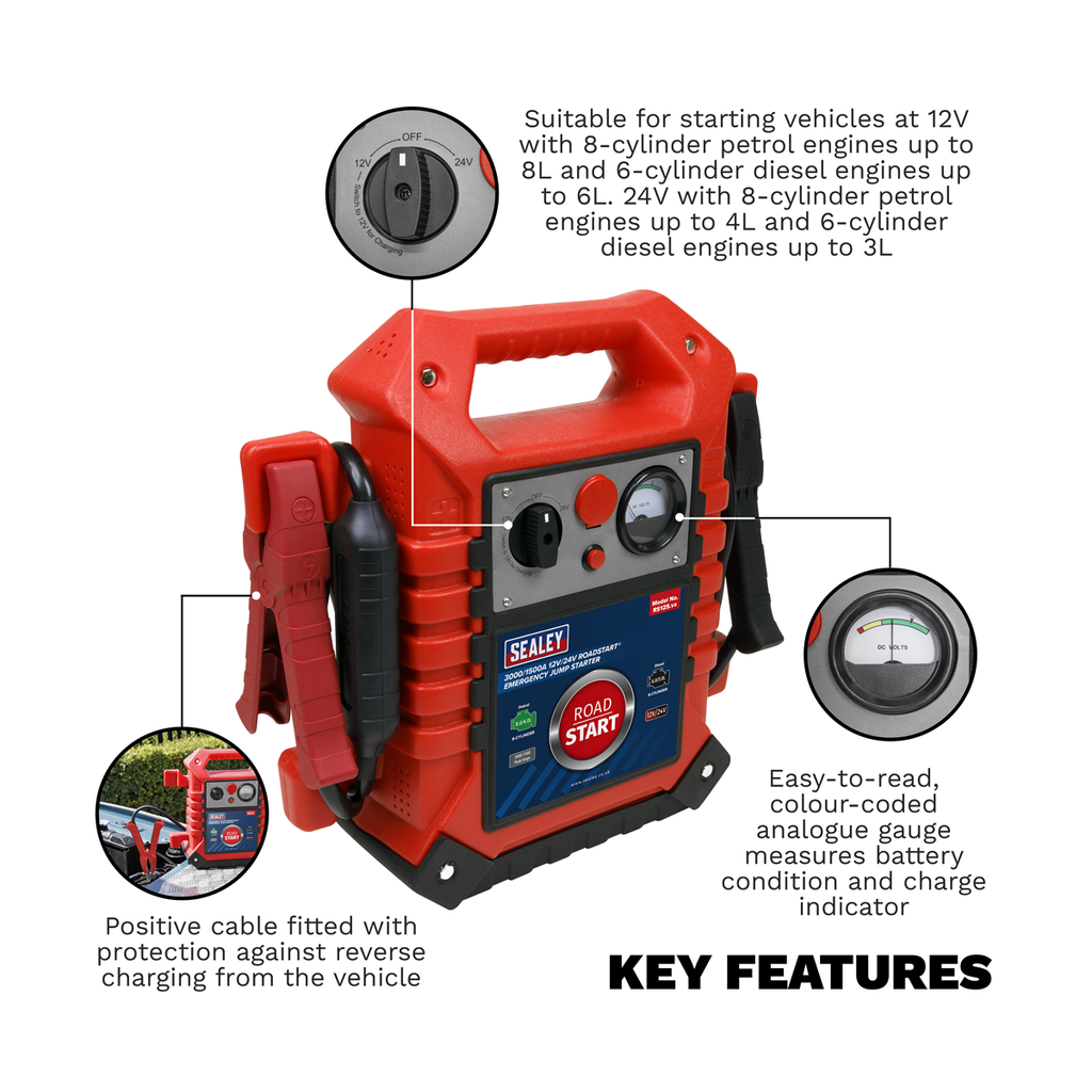 RoadStart® 12/24V Emergency Jump Starter 3000/1500 Peak Amps