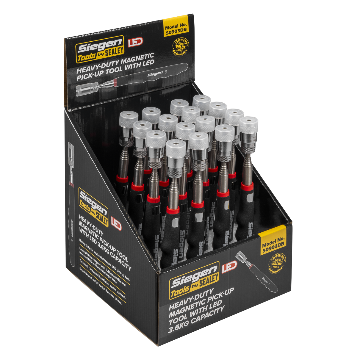 Siegen Heavy-Duty Magnetic Pick-Up Tool with LED 3.6kg Capacity - Display Box of 16