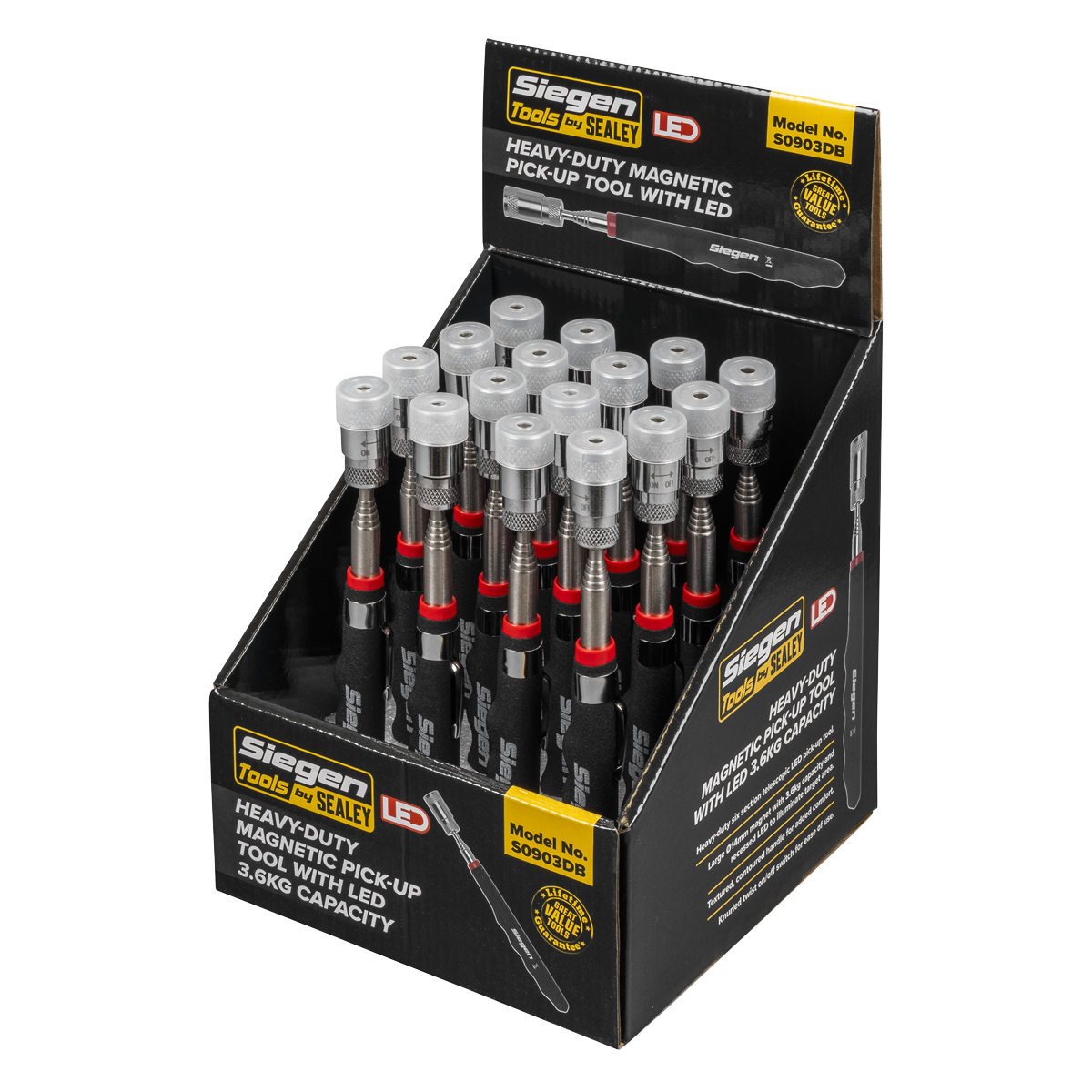 Siegen Heavy-Duty Magnetic Pick-Up Tool with LED 3.6kg Capacity - Display Box of 16