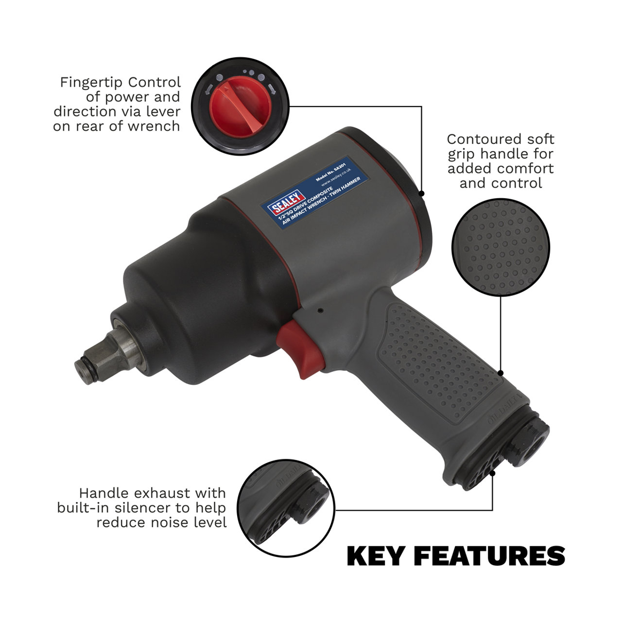 Sealey SA201 Composite Twin Hammer Air Impact Wrench, 1/2" Sq. Drive