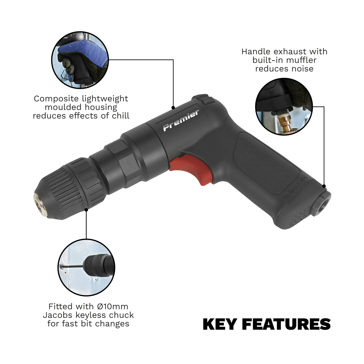 Premier Composite Reversible Air Pistol Drill 10mm with Keyl