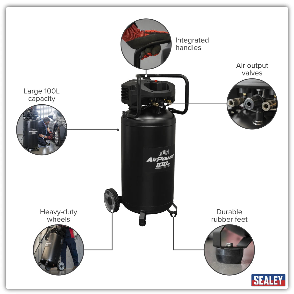 100L Belt Drive Vertical Oil Free Air Compressor, 2.5hp (SAC100V) (Factory Refurbished B)