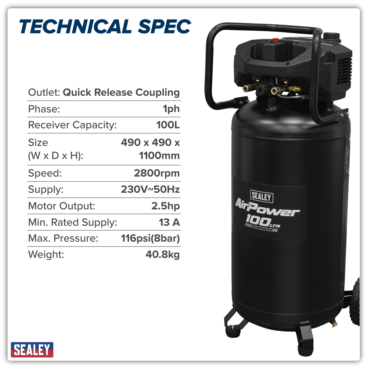 100L Belt Drive Vertical Oil Free Air Compressor, 2.5hp (SAC100V) (Factory Refurbished B)