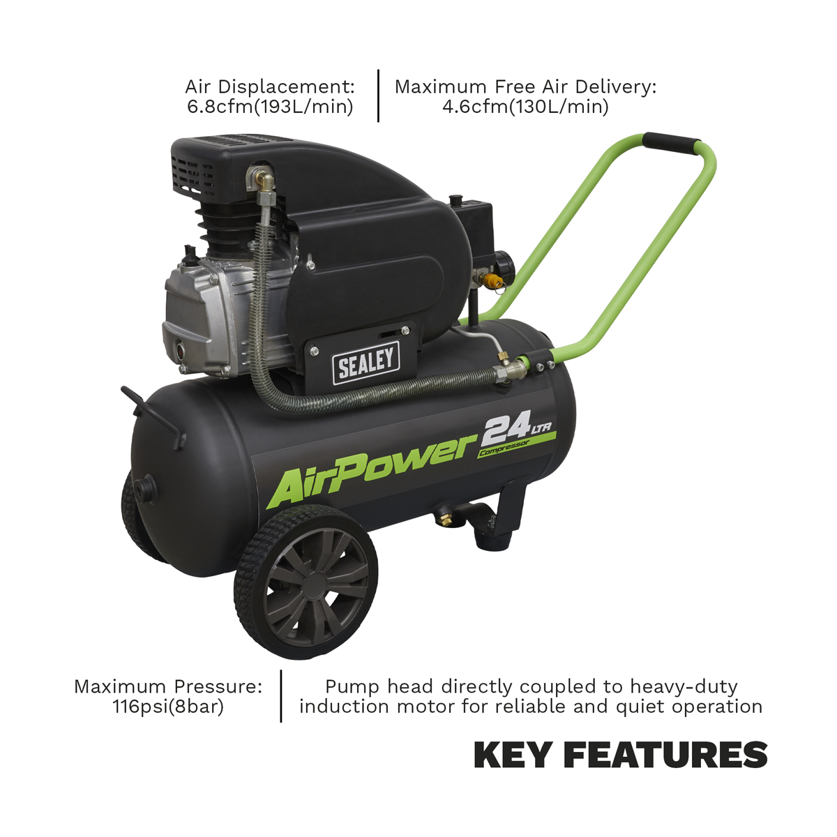 24L Direct Drive Air Compressor with Wheels, 2hp (SAC2420E)