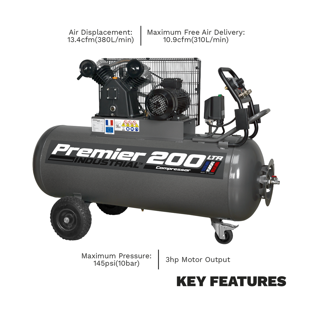 Premier 200L Belt Drive Air Compressor with Front Control Panel 3hp