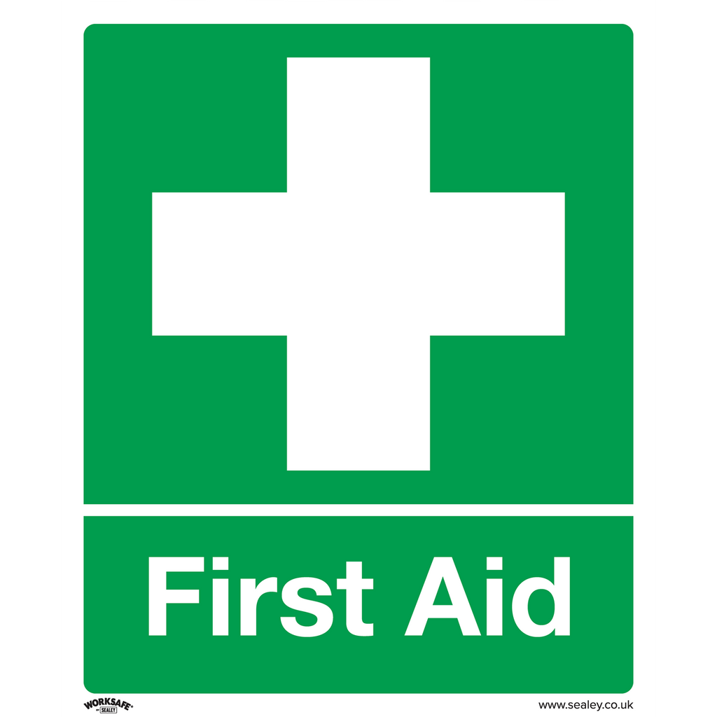Worksafe® First Aid Safety Sign, Self-Adhesive Vinyl - Pack
