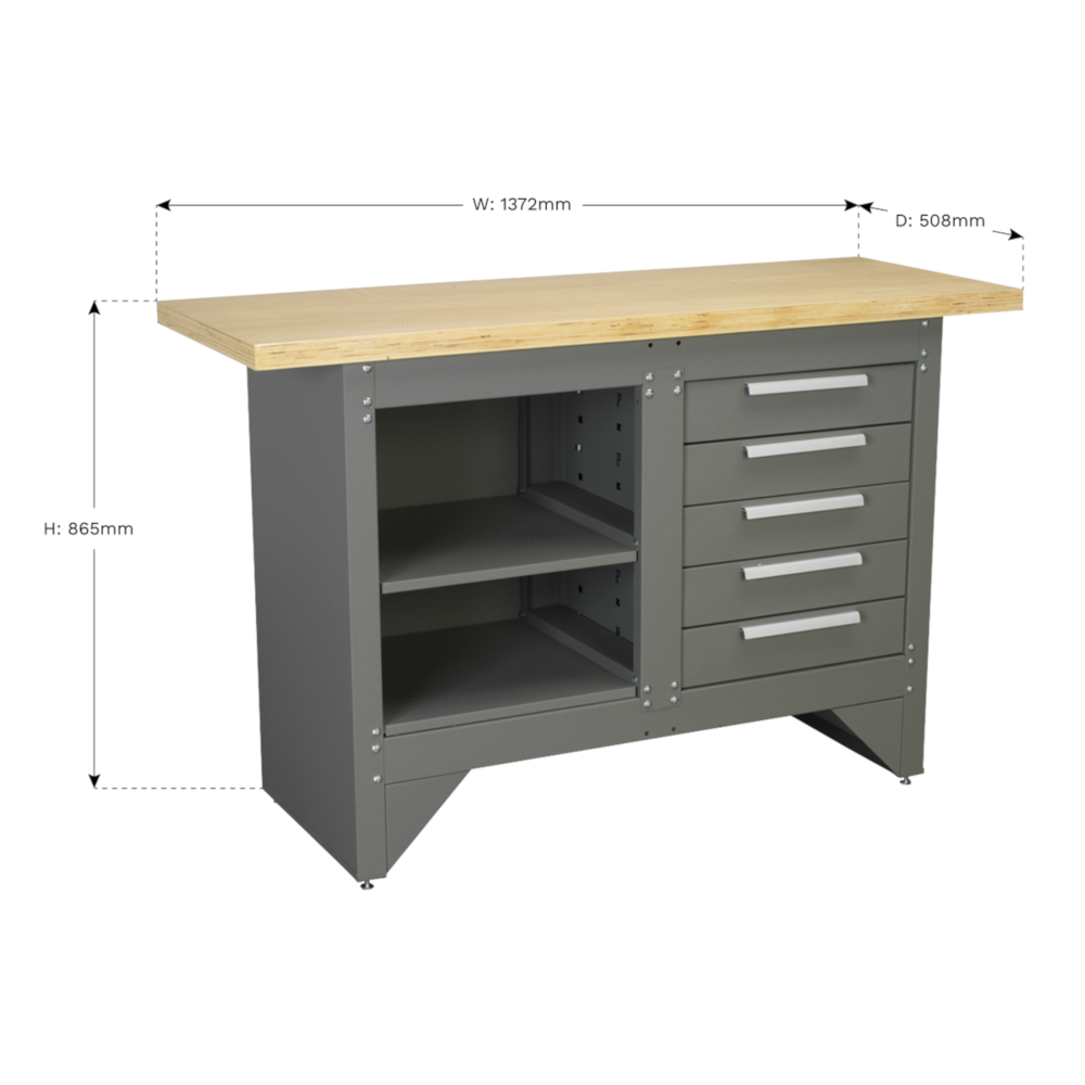 Sealey AP2030BB 5 Drawer Heavy Duty Steel Workshop Metal Work Bench 1.37m