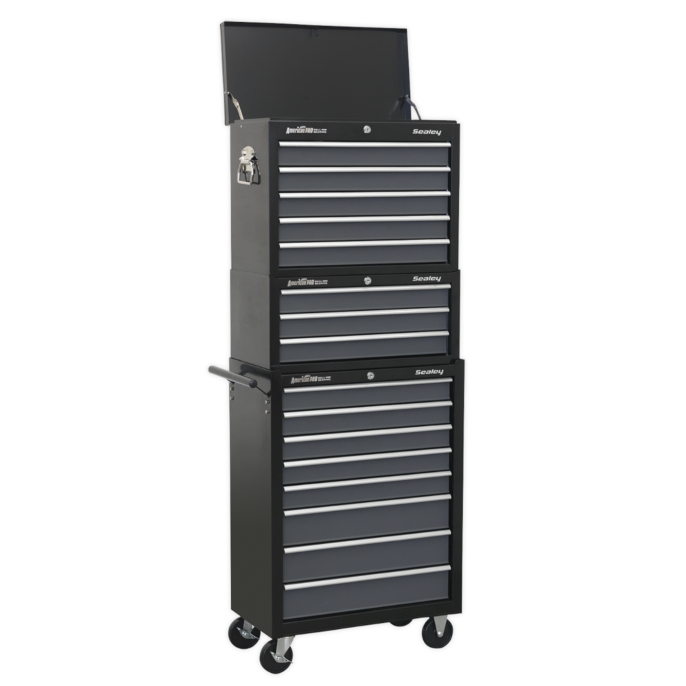 Sealey AP35STACK American Pro 16 Drawer Top Chest, Middle Add-On Chest and Roller Tool Cabinet Storage Box Combination with Ball Bearing Slides Black Grey