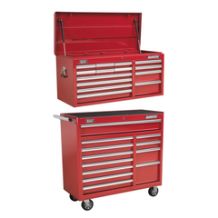 Sealey AP41149 + AP41120 Superline Pro 26 Drawer Top Tool Chest and Roller Cabinet Storage Box Combination with Ball Bearing Slides Red