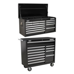 Sealey AP41149B + AP41120B Superline Pro 26 Drawer Top Tool Chest and Roller Cabinet Storage Box Combination with Ball Bearing Slides Black