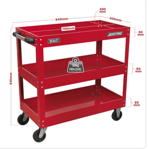 Sealey CX108 American Pro Heavy Duty 3 Level Workshop Garage Tool Parts Trolley Cart 150kg Red