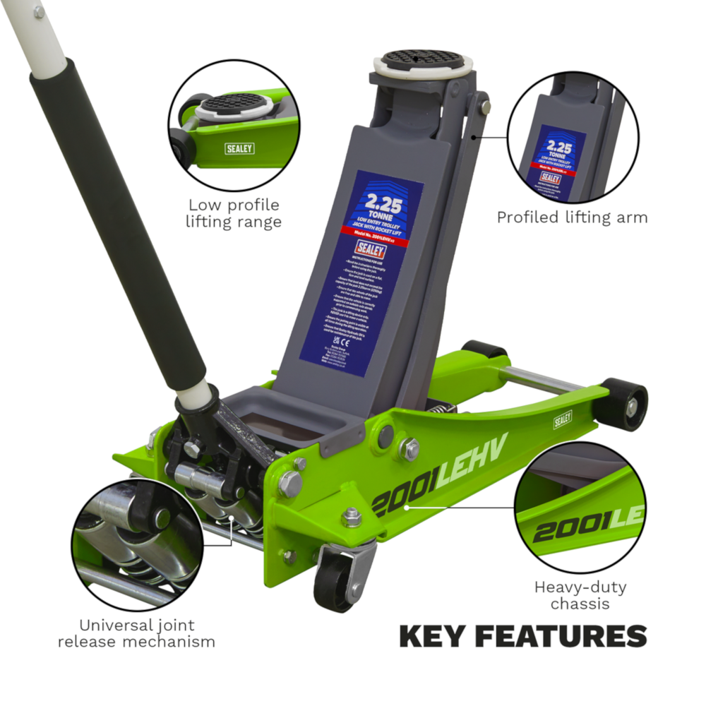 Sealey 2001LEHV 2.25 Tonne Low Entry Profile Garage Workshop Trolley Jack with Rocket Lift Green