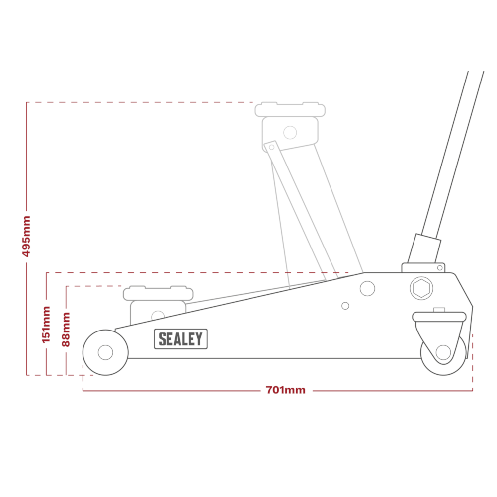 Sealey 2501LE 2.5 Tonne Low Entry Profile Garage Workshop Trolley Jack with Rocket Lift Red Black
