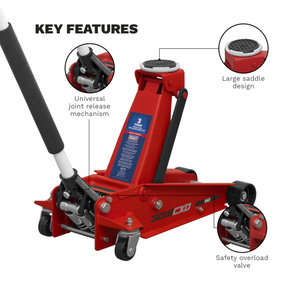 Sealey 3015CXD 3 Tonne Garage Workshop Vehicle Lifting Trolley Jack with Super Rocket Lift Red