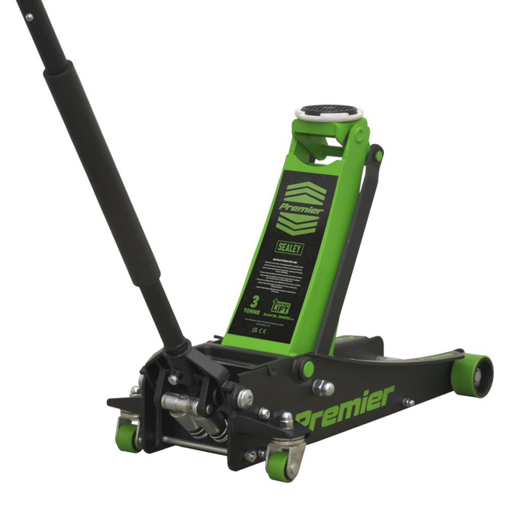 Sealey 3040AG 3 Tonne Low Entry Profile Garage Workshop Vehicle Lifting Trolley Jack with Rocket Lift Green