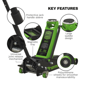 Sealey 3040AG 3 Tonne Low Entry Profile Garage Workshop Vehicle Lifting Trolley Jack with Rocket Lift Green
