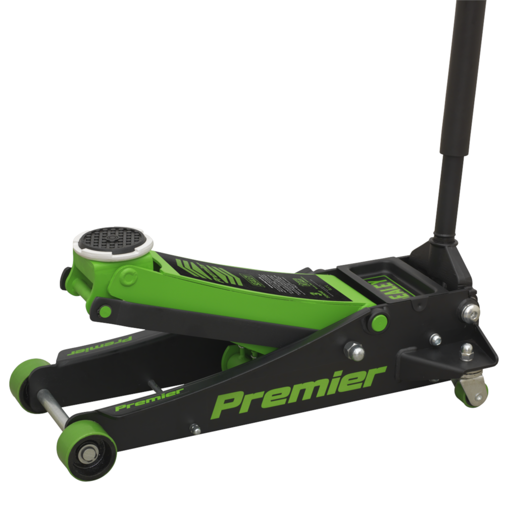 Sealey 3040AG 3 Tonne Low Entry Profile Garage Workshop Vehicle Lifting Trolley Jack with Rocket Lift Green