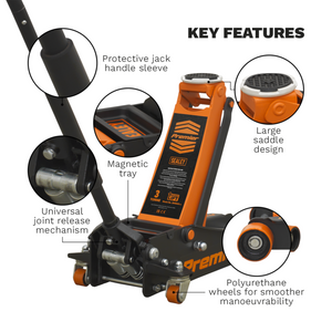 Sealey 3040AO 3 Tonne Low Entry Profile Garage Workshop Vehicle Lifting Trolley Jack with Rocket Lift Orange