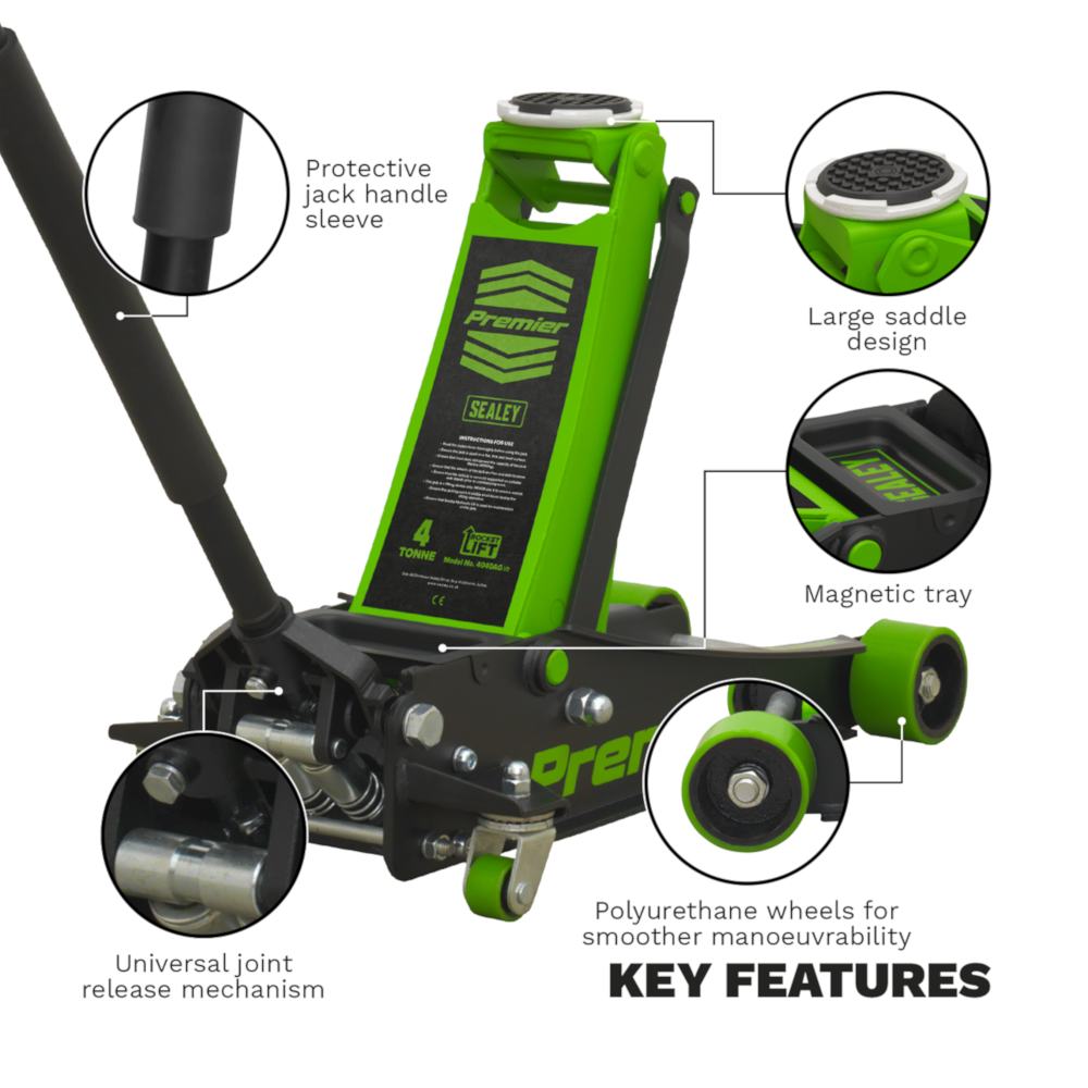 Sealey 4040AG 4 Tonne Low Entry Profile Garage Workshop Vehicle Lifting Trolley Jack with Super Rocket Lift Green