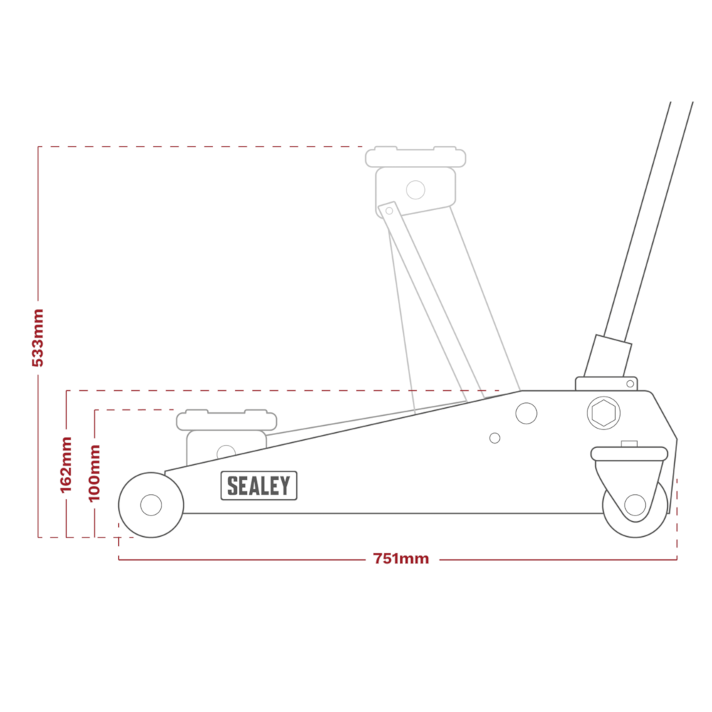 Sealey 4040A 4 Tonne Low Entry Profile Trolley Jack Garage Workshop Vehicle Lifting with Rocket Lift Dimensions