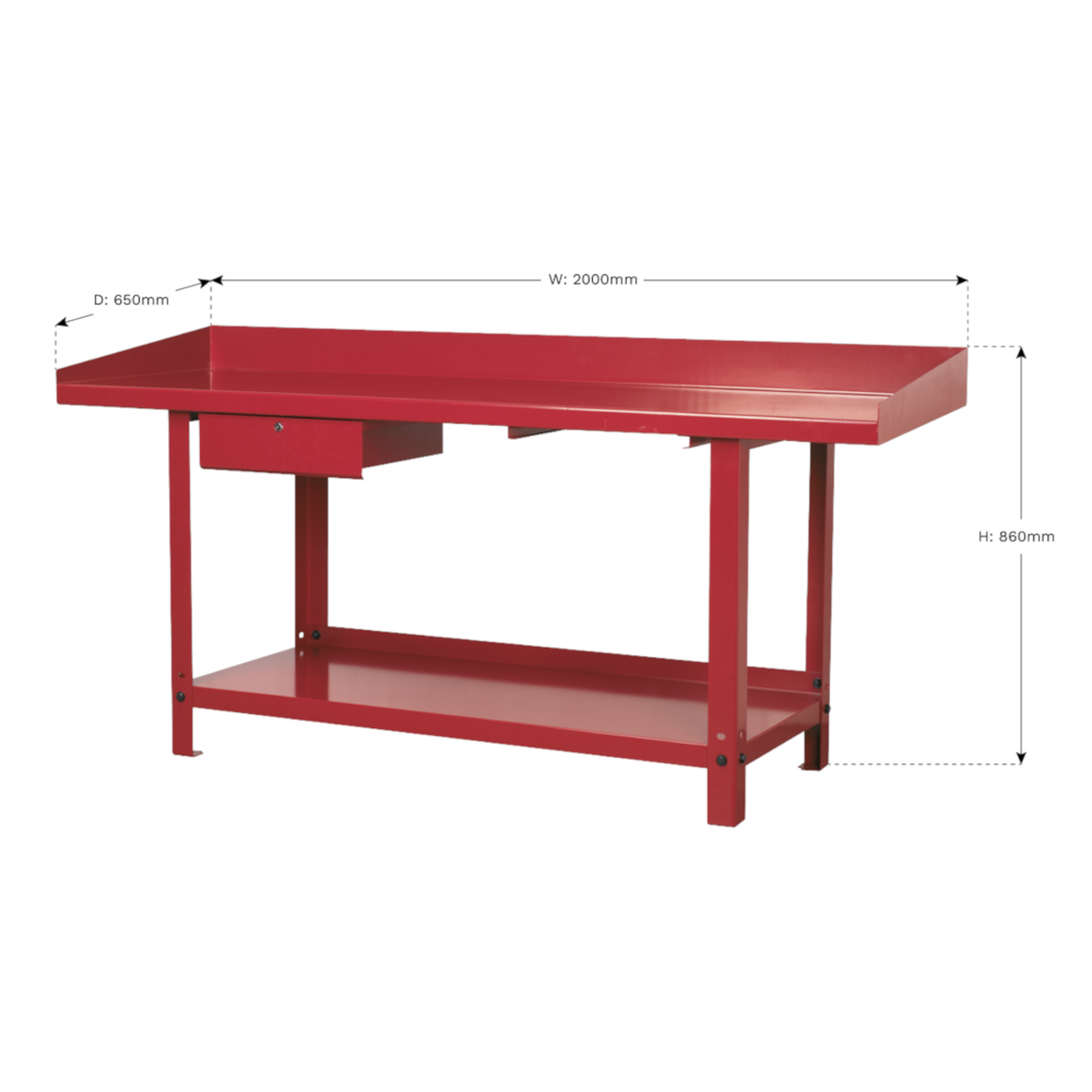 Sealey AP1020 Steel Worktop Garage Workshop Work Storage Bench 2000mm with 1 Drawer Red