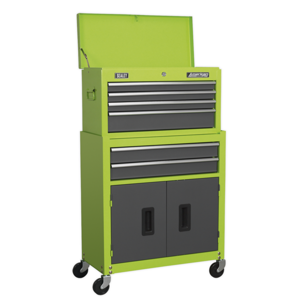 Sealey AP2200BBHV American Pro 6 Drawer Top Tool Chest and Roller Tool Cabinet Storage Box Combination with Ball Bearing Slides Green Grey