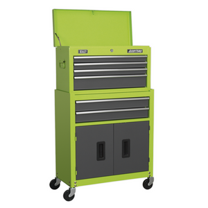 Sealey AP2200BBHV American Pro 6 Drawer Top Tool Chest and Roller Tool Cabinet Storage Box Combination with Ball Bearing Slides Green Grey