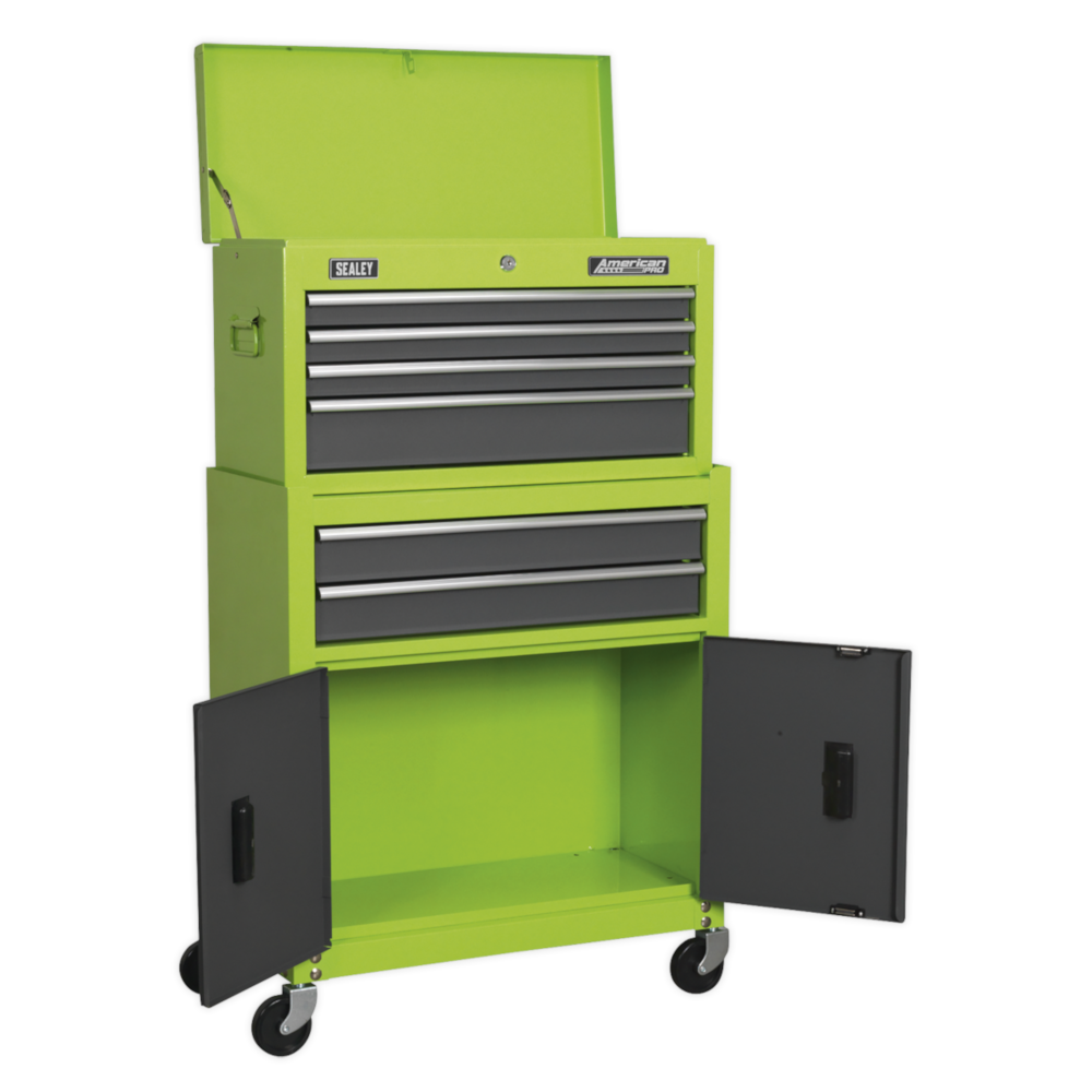 Sealey AP2200BBHV American Pro 6 Drawer Top Tool Chest and Roller Tool Cabinet Storage Box Combination with Ball Bearing Slides Green Grey