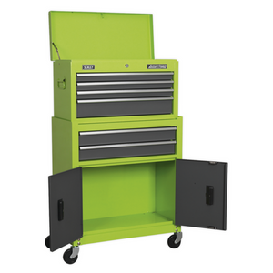 Sealey AP2200BBHV American Pro 6 Drawer Top Tool Chest and Roller Tool Cabinet Storage Box Combination with Ball Bearing Slides Green Grey