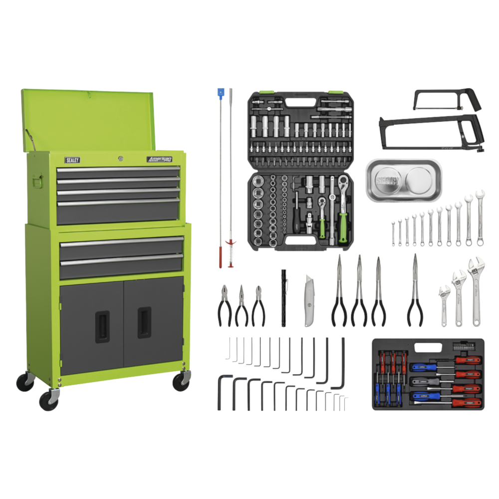 Sealey AP2200COMBOHV American Pro 6 Drawer Top Chest and Roller Tool Cabinet Storage Box Combination with Ball Bearing Slides and 170 Piece Tool Kit Green Grey
