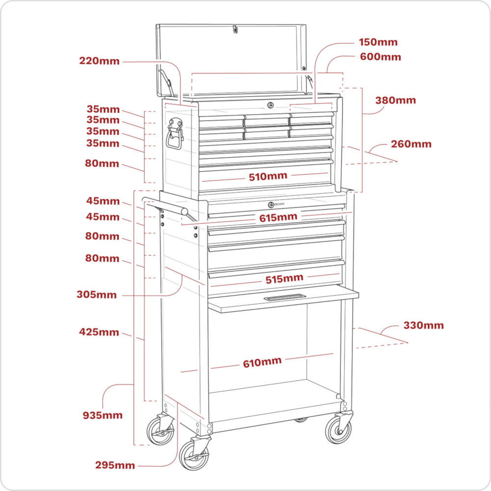 Sealey AP22513BB American Pro 13 Drawer Top Chest and Roller Cabinet Tool Storage Box Combination with Ball Bearing Slides Red Grey