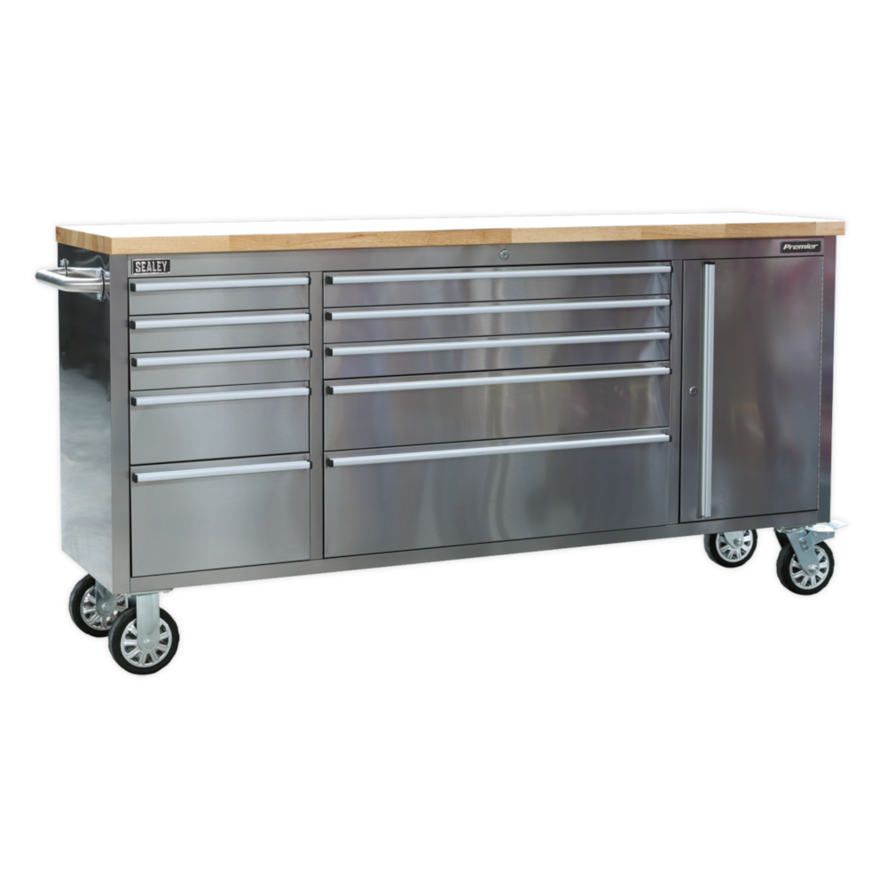 Sealey AP7210SS Premier 10 Drawer Mobile Tool Cabinet Storage Box &amp; Cupboard with Ball Bearing Slides Stainless Steel