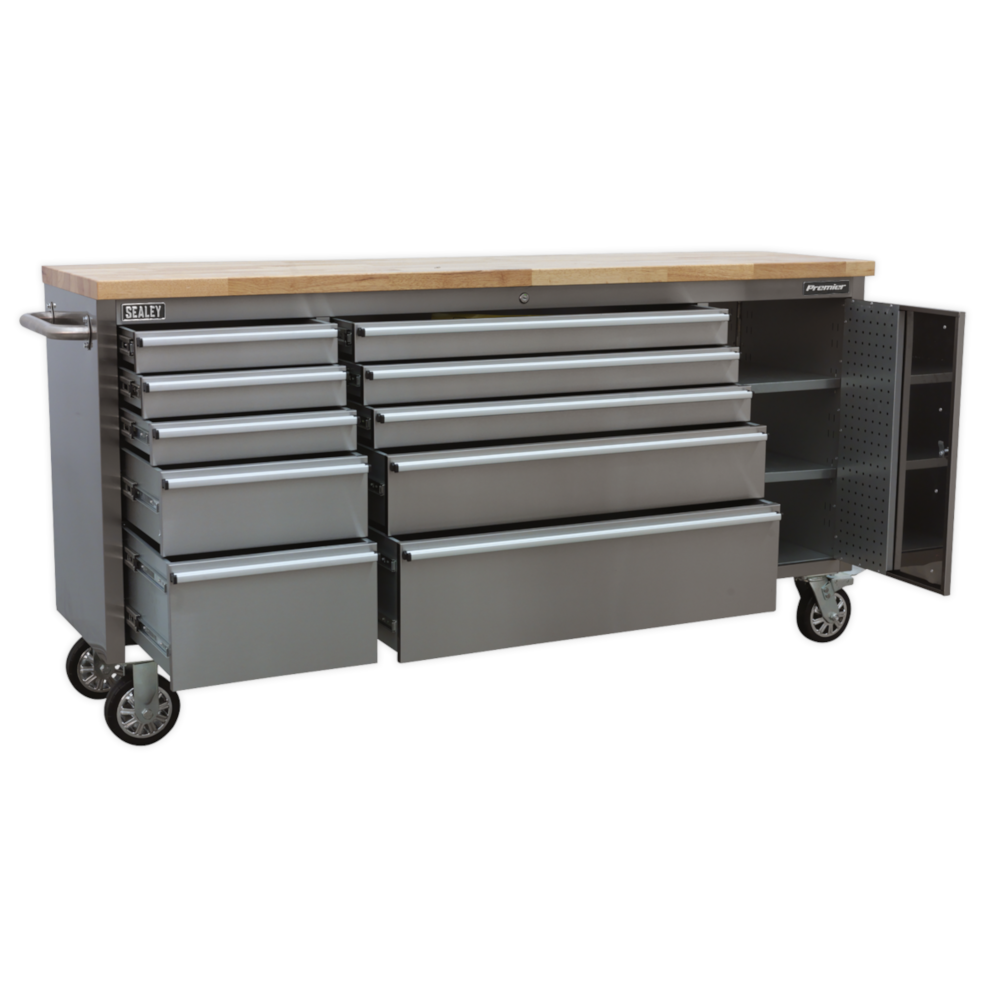 Sealey AP7210SS Premier 10 Drawer Mobile Tool Cabinet Storage Box &amp; Cupboard with Ball Bearing Slides Stainless Steel