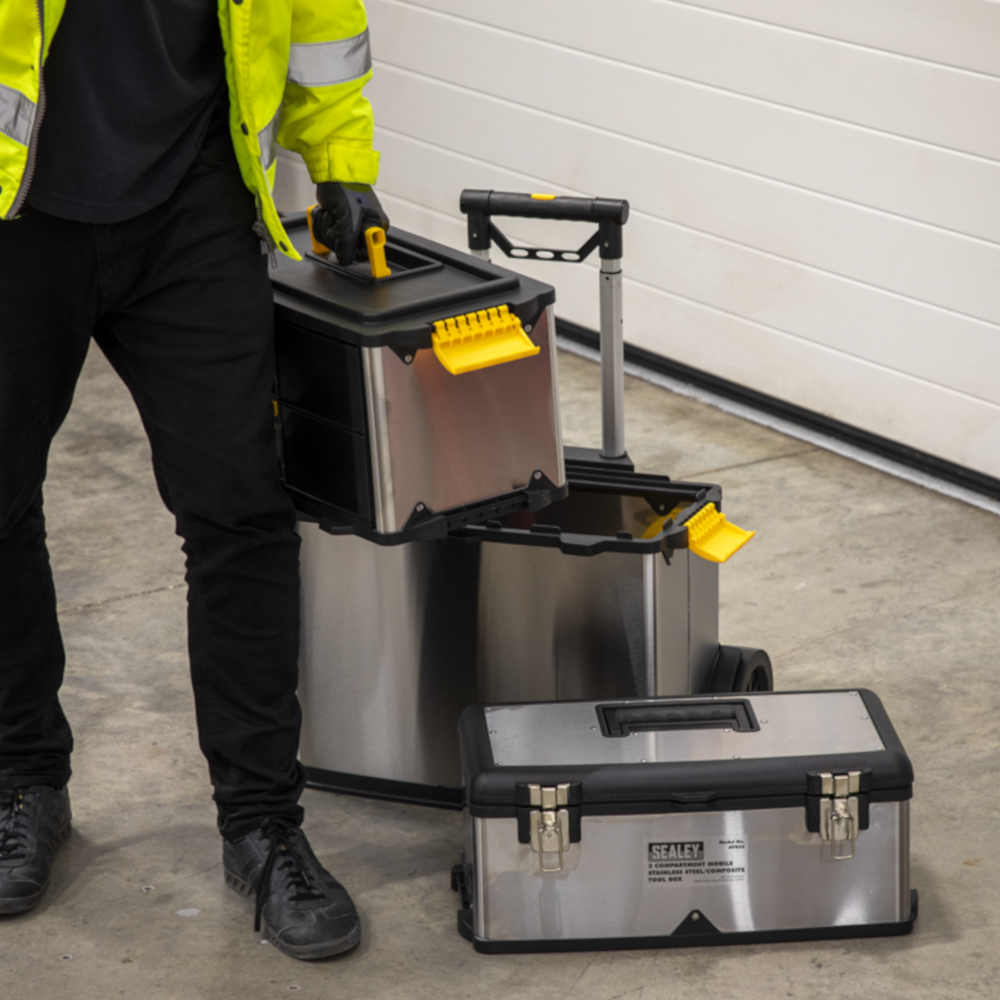 Sealey AP855 3 Compartment Mobile Stainless Steel Composite Wheeled Tool Storage Box
