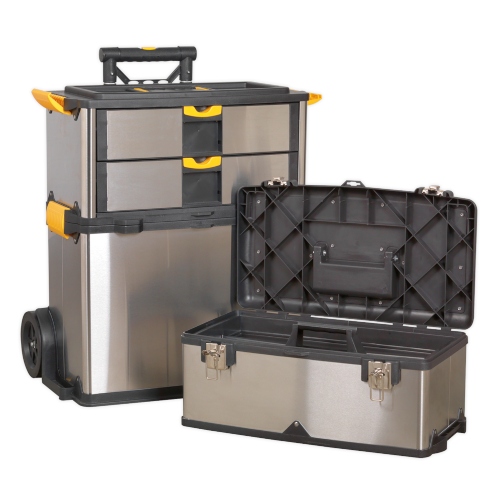 Sealey AP855 3 Compartment Mobile Stainless Steel Composite Wheeled Tool Storage Box