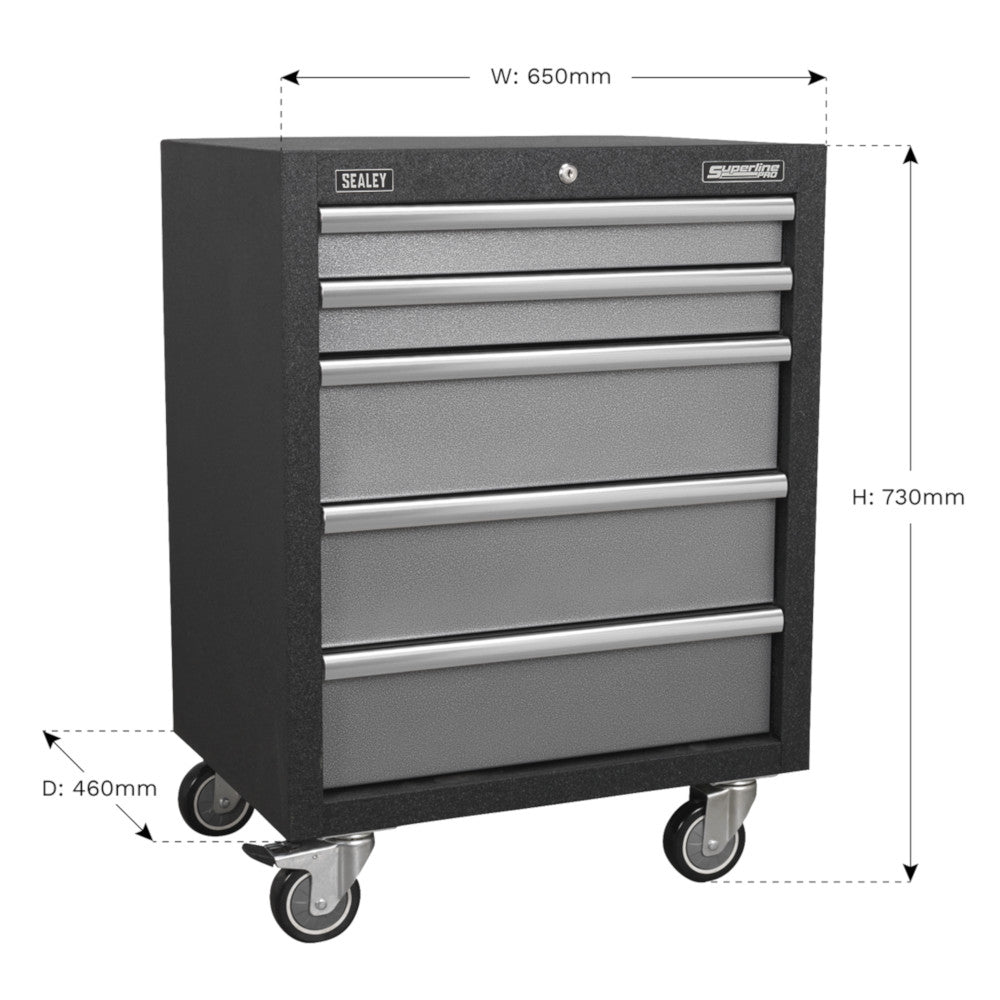Sealey APMS58 Superline Pro Modular Heavy-Duty 5 Drawer Floor Mounted Tool Storage Box Garage Workshop Cabinet Unit 650mm