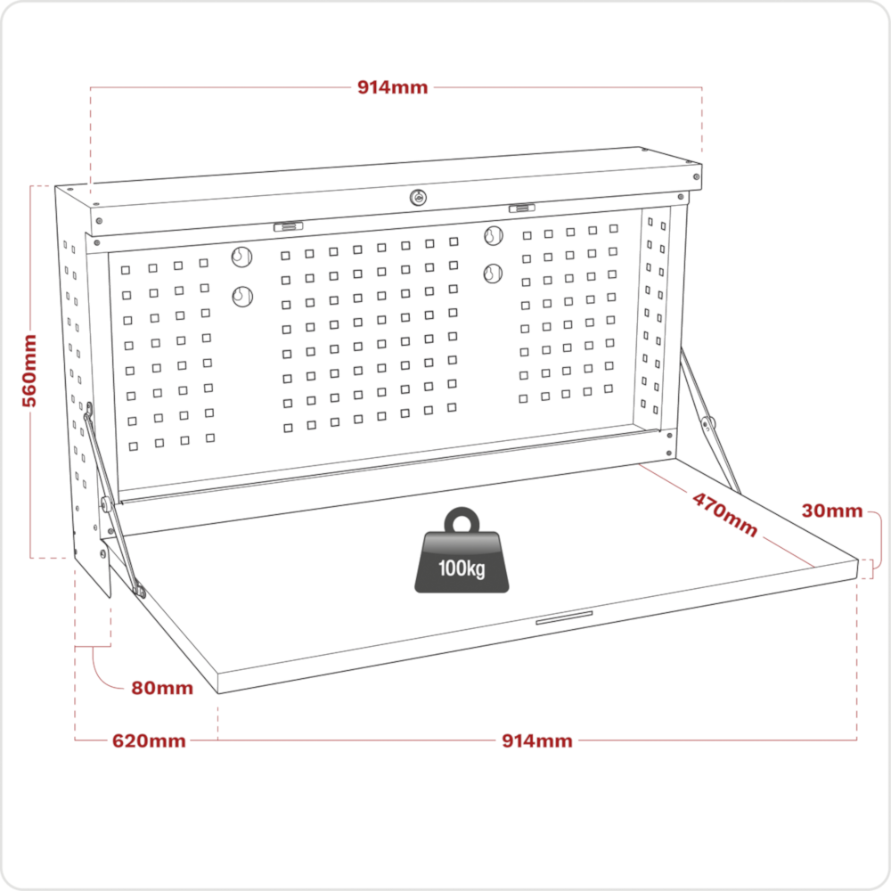 Sealey APWMW01 Wall Mounted Steel Folding Garage Workshop Workbench 900mm