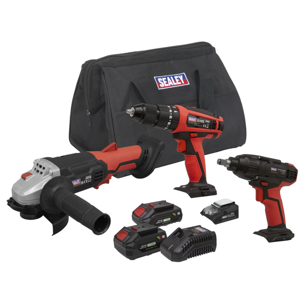 Sealey CP20VCOMBO1 SV20 Series Cordless Combi Drill, Impact Wrench and Angle Grinder Power Tool Combo Kit 20V