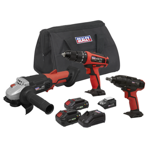 Sealey CP20VCOMBO1 SV20 Series Cordless Combi Drill, Impact Wrench and Angle Grinder Power Tool Combo Kit 20V