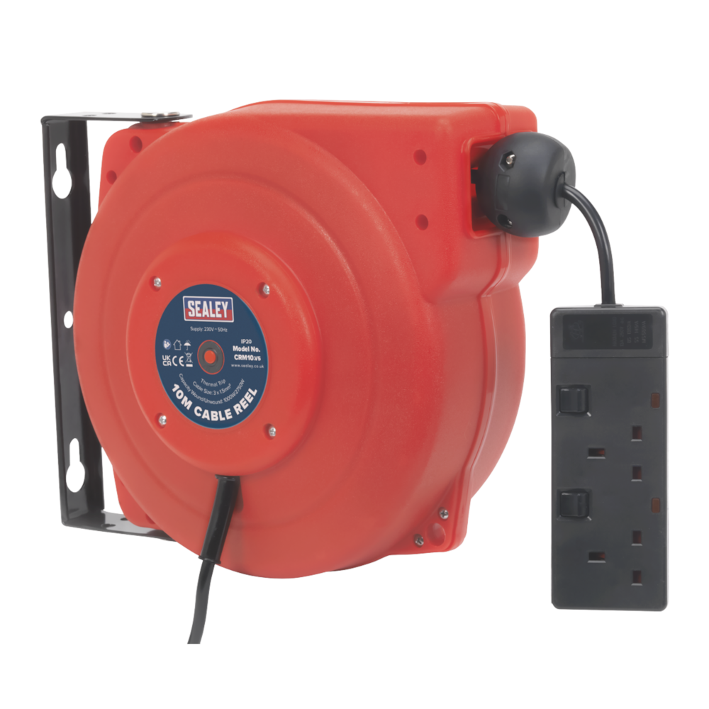 Sealey CRM10 Retractable 2 Socket Electric Cable Reel 10 Metre