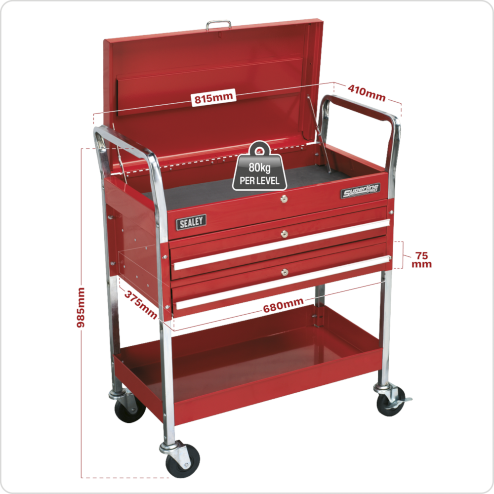 Sealey CX104 Superline Pro Heavy Duty 2 Level Workshop Garage Tool Parts Trolley Cart with Lockable Top 160kg Red