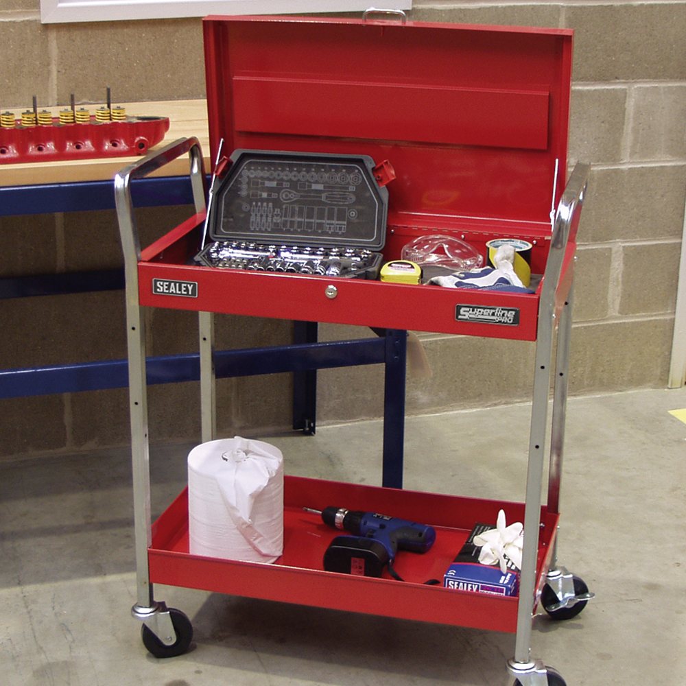 Sealey CX104 Superline Pro Heavy Duty 2 Level Workshop Garage Tool Parts Trolley Cart with Lockable Top 160kg Red