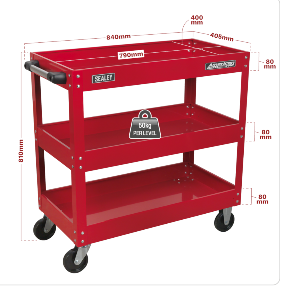 Sealey CX108 American Pro Heavy Duty Workshop Parts Trolley Cart, 3 Level, 150kg Capacity, Red