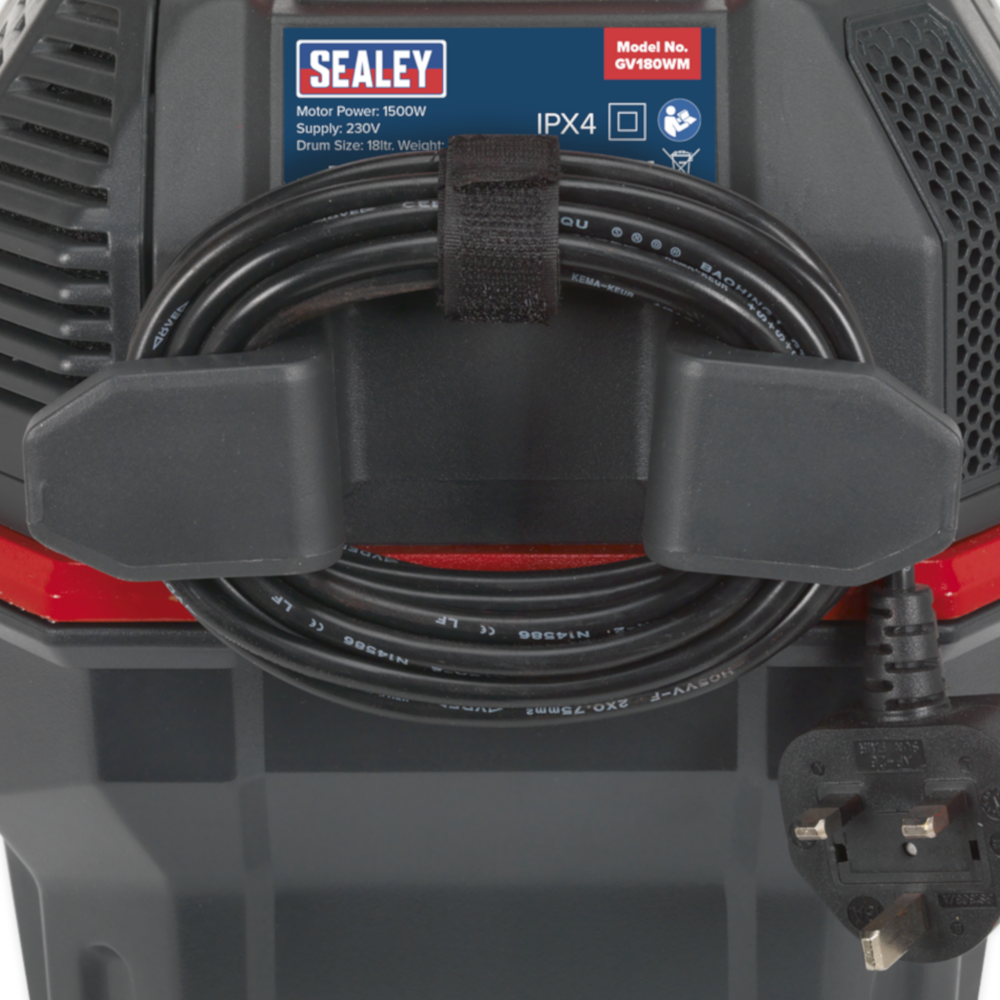 Sealey GV180WM Wet & Dry Garage Vacuum Cleaner with Remote Control Wall Mounted 18 Litre 1500W 230V